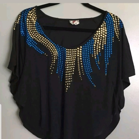 Free People Black Blue Gold Studded Blouse Small - Picture 1 of 5
